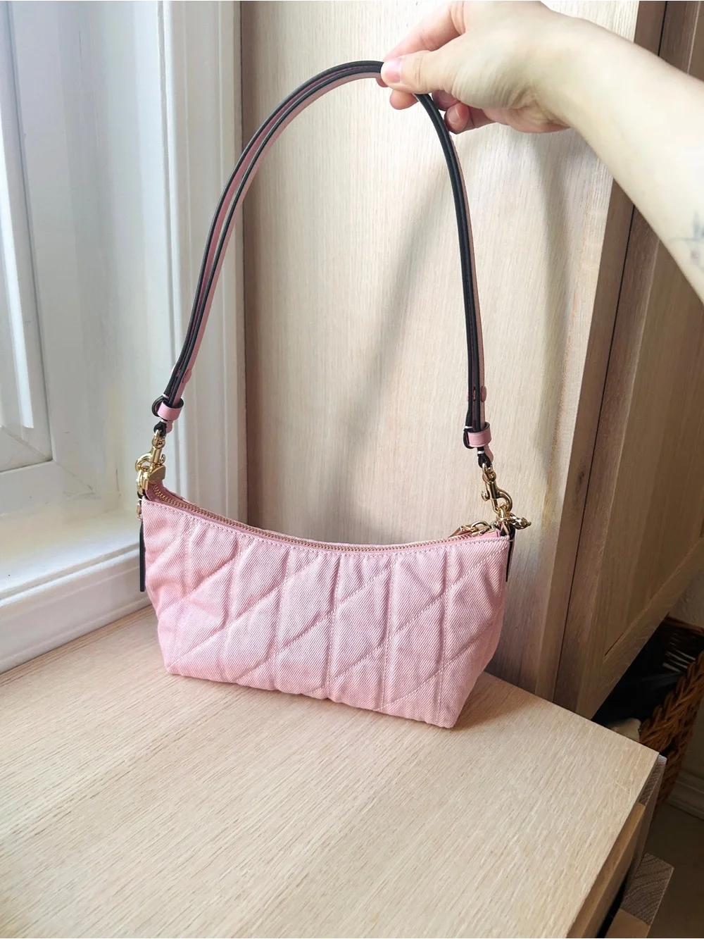 NWT💖Coach Caitlin Shoulder Bag Quilting And Charm CEQ62 Pink Denim Chain Gift